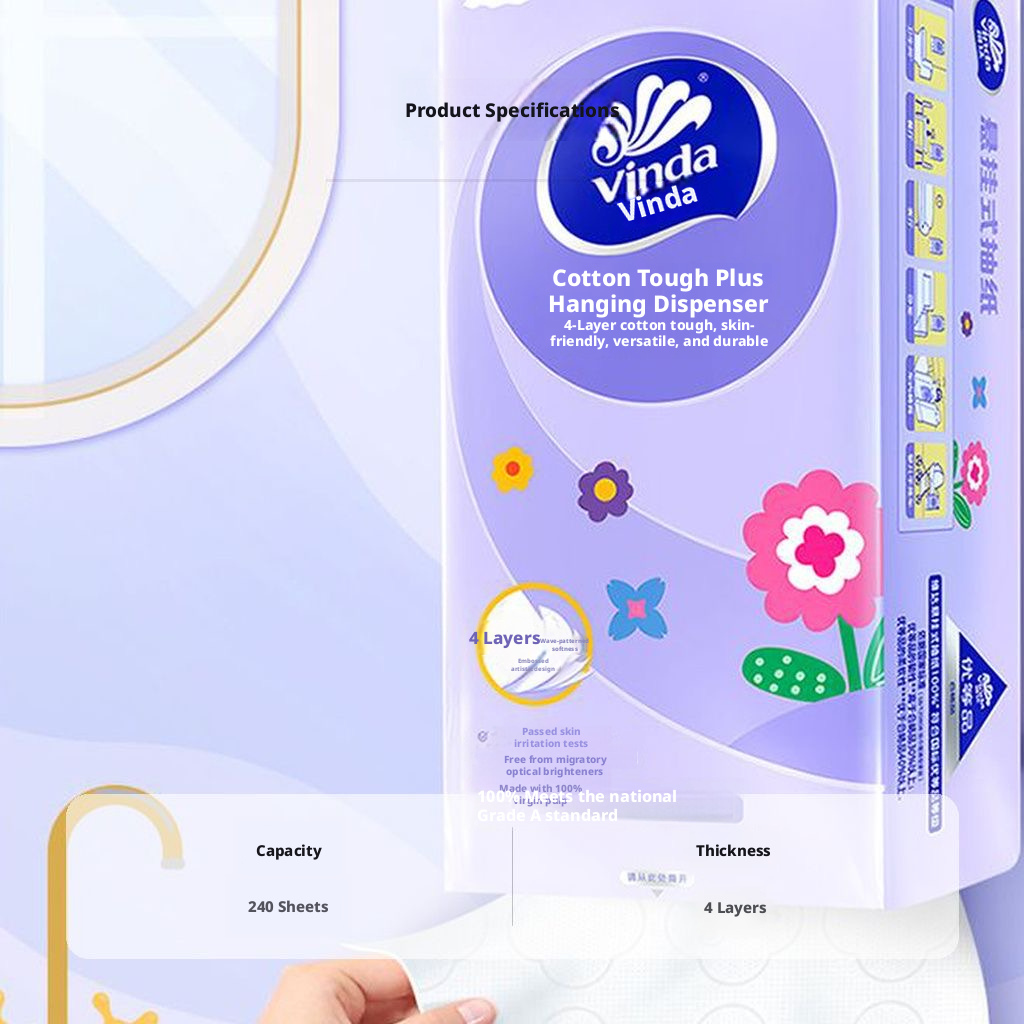 Vinda Cotton Tough Plus Hanging Facial Tissues 4-Ply S-Size 175x133mm Wood Pulp – view 7