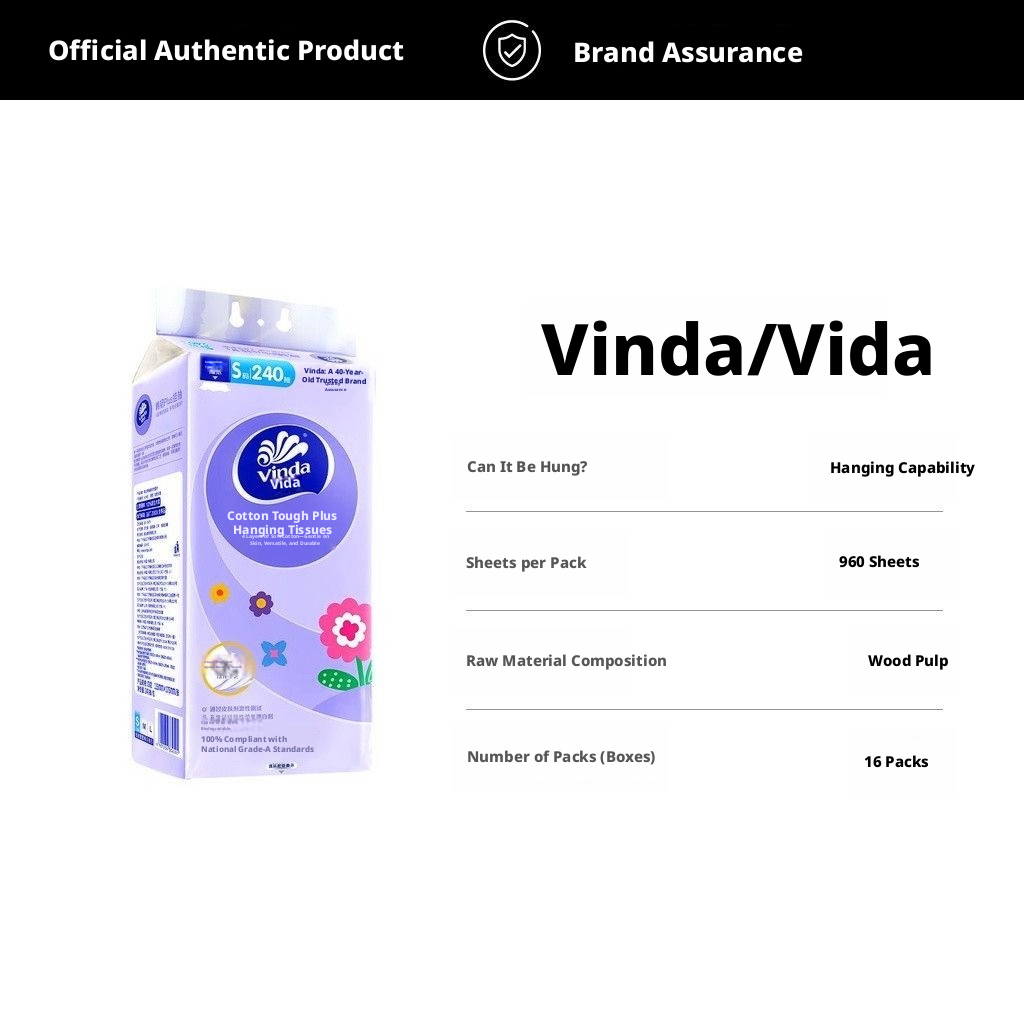 Vinda Cotton Tough Plus Hanging Facial Tissues 4-Ply S-Size 175x133mm Wood Pulp
